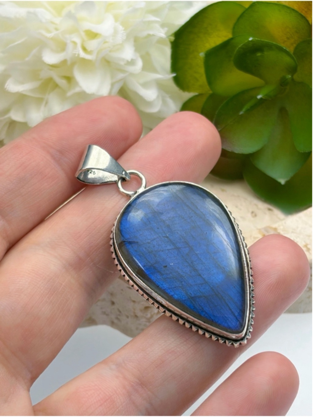 Flash Blue Labradorite Pendant Pear Teardrop Boho Southwest Vintage Style 925